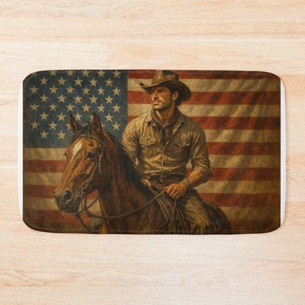 Item preview, cowboy on a horse in front of american flag designed and sold by OnlyTheWest.