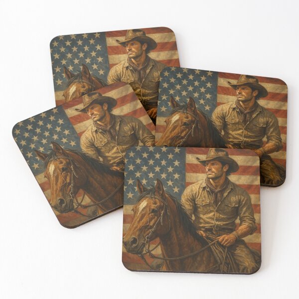 Item preview, cowboy on a horse in front of american flag designed and sold by OnlyTheWest.
