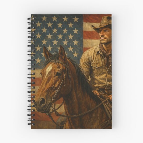 Item preview, cowboy on a horse in front of american flag designed and sold by OnlyTheWest.