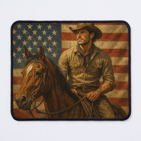 Item preview, cowboy on a horse in front of american flag designed and sold by OnlyTheWest.