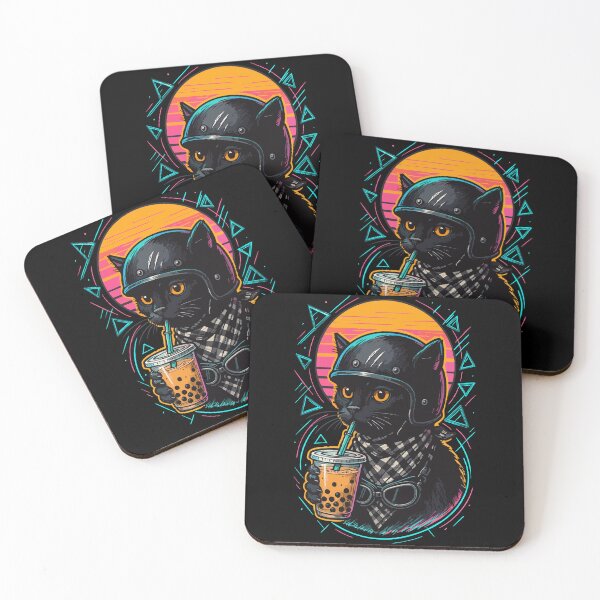 Item preview, Biker Cat Drink Boba Tea Vaporwave Retro designed and sold by TomFrontierArt.