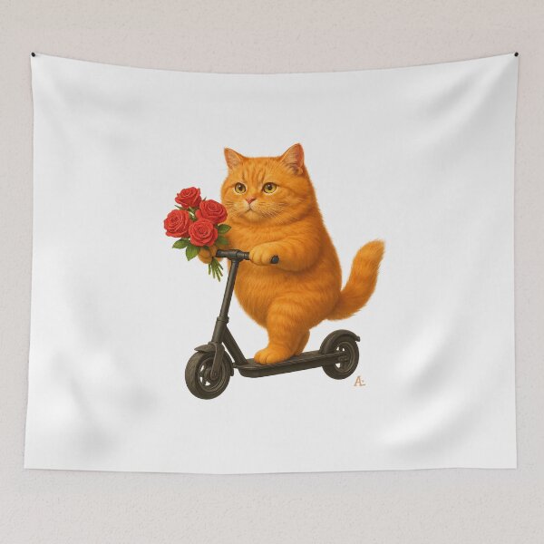 Item preview, Cute orange cat on scooter with roses designed and sold by StaxmiDesign.