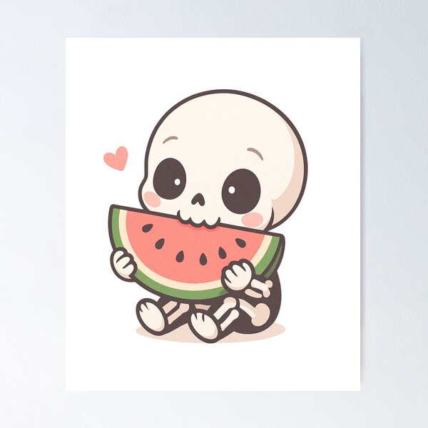 Item preview, Cute Chibi Skeleton Eating a Giant Watermelon Slice – Kawaii Summer Skeleton Design designed and sold by ColorSplash123.