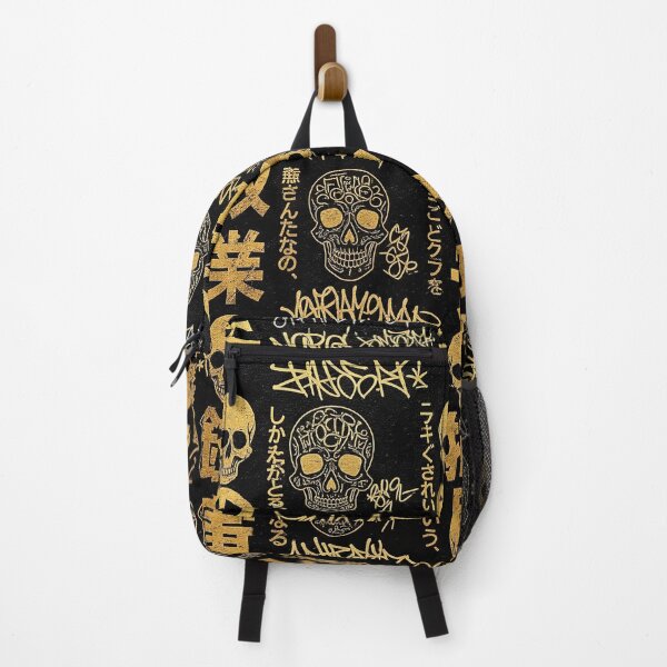 Item preview, Vertical Japanese Graffiti: Gold Positive Words & Skulls on Black designed and sold by JohnnyVillas.