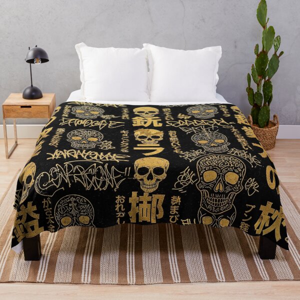 Item preview, Vertical Japanese Graffiti: Gold Positive Words & Skulls on Black designed and sold by JohnnyVillas.