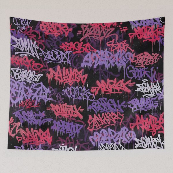Item preview, Cyberpunk Graffiti Mural: Purple Pinkish Red & White Tags on Black designed and sold by JohnnyVillas.