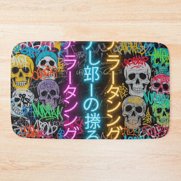 Item preview, Tokyo Street Graffiti: Neon Pink Blue Yellow Words & Skulls on Black designed and sold by JohnnyVillas.