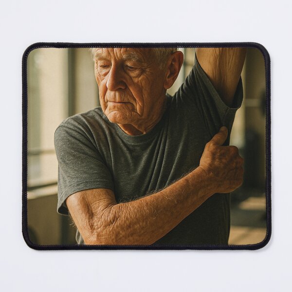 Item preview, Senior Man Stretching in Sunlit Gym designed and sold by soulofalion.
