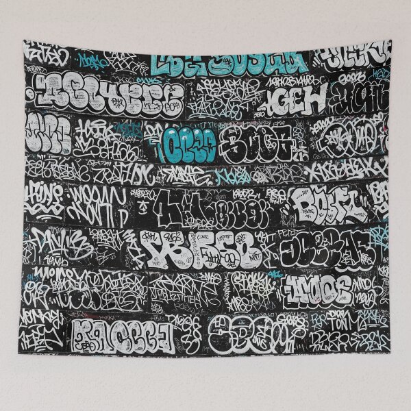 Item preview, Graffiti Tags on Black Brick Wall: White & Teal Block Art designed and sold by JohnnyVillas.