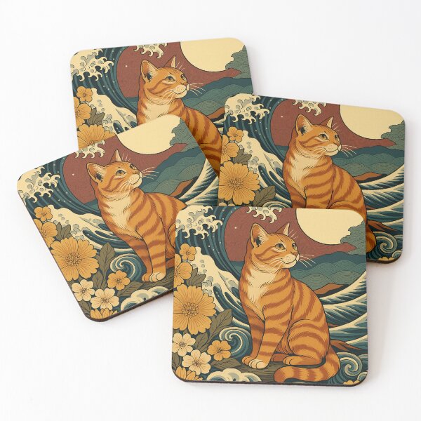 Item preview, Japanese Orange Cat Kanagawa Wave Sunflower Art  designed and sold by ArtisticJelly.