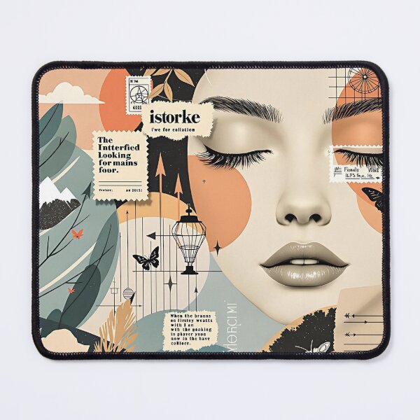 Item preview, Modern Art Collage Mouse Pad XXL – Retro Pop Art Style with Woman’s Face, Butterflies & Nature Motifs designed and sold by rolfzogg.