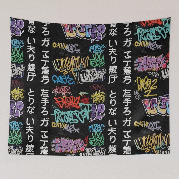 Item preview, Vertical Japanese Positive Words in Multi-Color Graffiti on Black Wall designed and sold by JohnnyVillas.