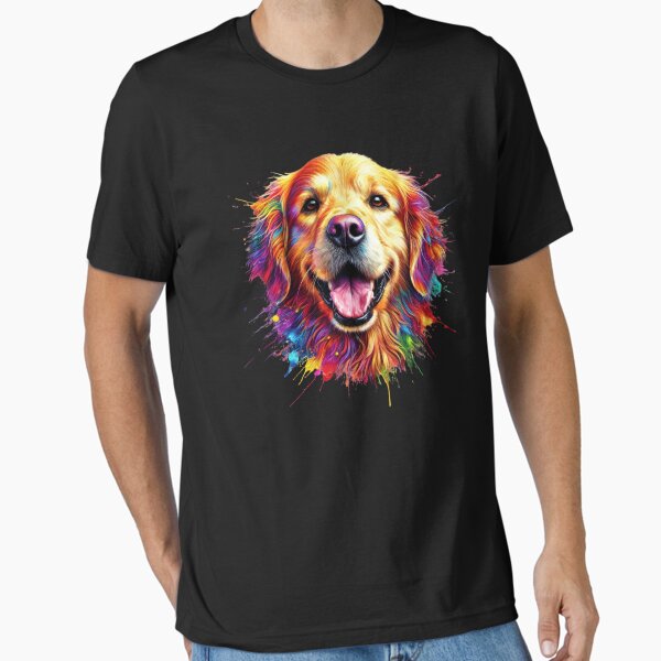 Vista previa del artículo con la obra «Camiseta colorida de Golden Retriever: diseño vibrante de acuarela canina», diseñado y vendido por BlankCanvasHaHa.