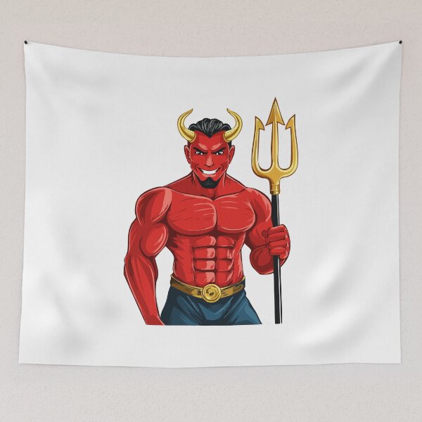 Item preview, Devil with trident, Evil laughing devil, Angry red demon illustration, muscular demon with glowing eyes, strong sports cartoon character designed and sold by Danler.