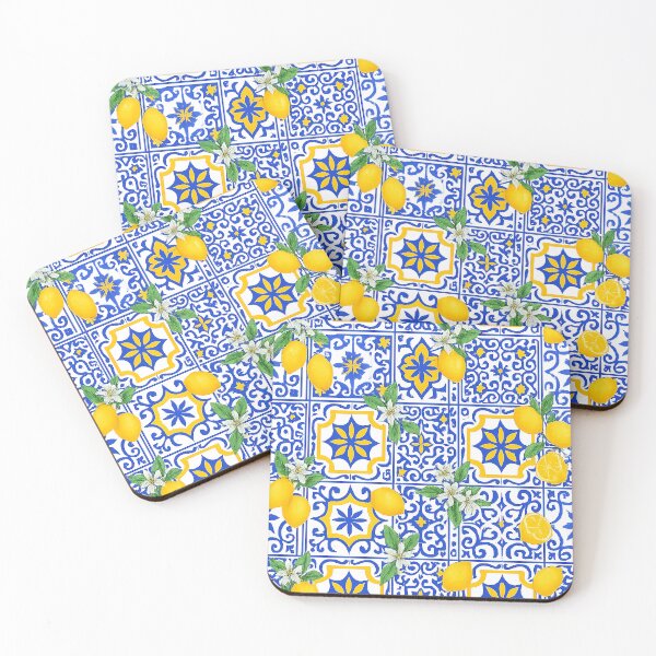 Item preview, Mediterranean Lemon Tile Pattern – Blue Italian Ceramic Citrus Print designed and sold by weirdfishes123.