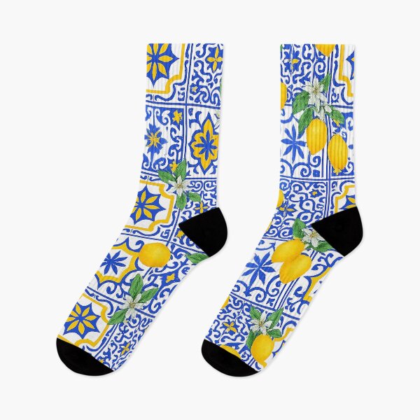 Item preview, Mediterranean Lemon Tile Pattern – Blue Italian Ceramic Citrus Print designed and sold by weirdfishes123.