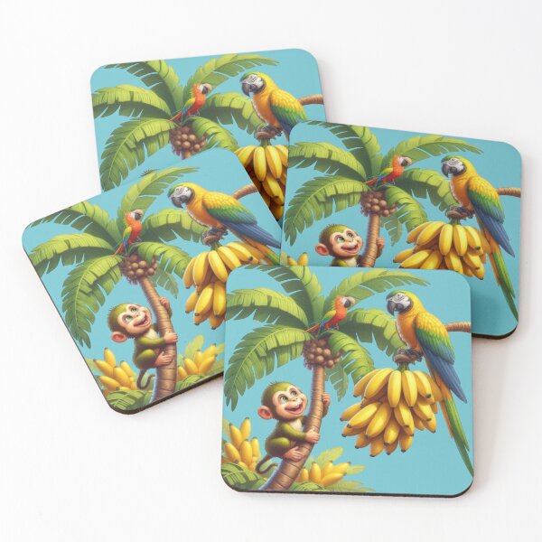 Item preview, Jungle Friends: Cute Monkey and Parrots on a Banana Palm designed and sold by IraBum.