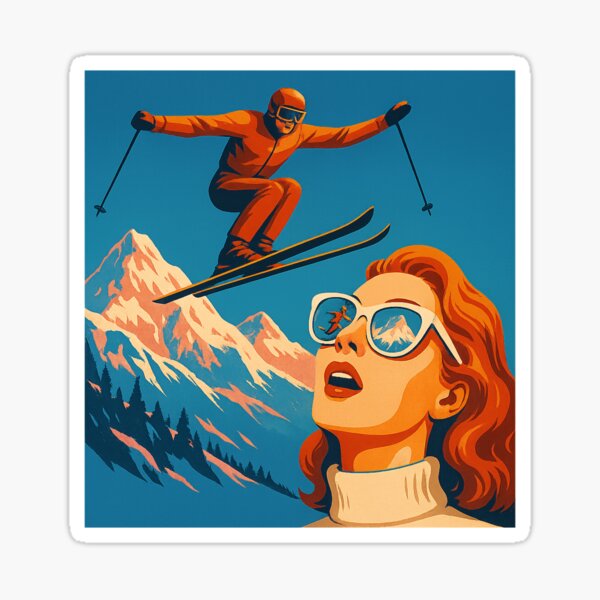 Item preview, 1980s Retro Ski Poster with Skier and Woman in Sunglasses designed and sold by Wandertrace.