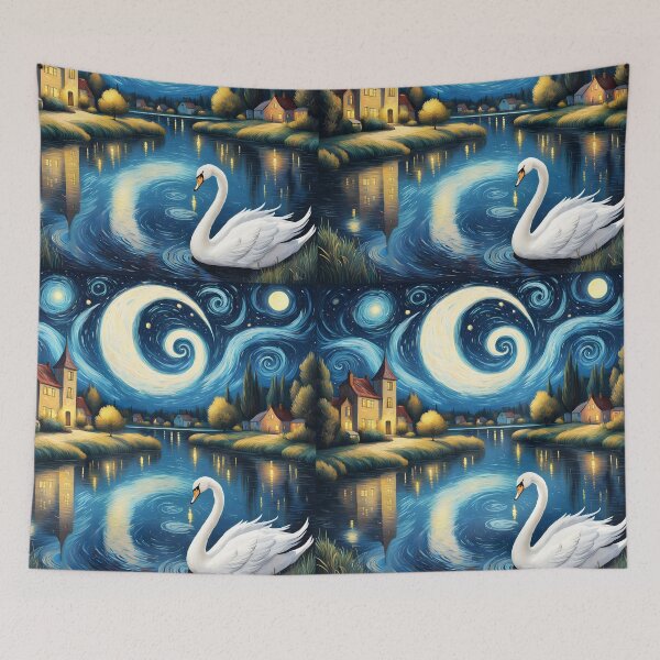 Item preview, Swan Lake Under Starry City Lights – Starry Night Inspired designed and sold by EmeraldeaArt.
