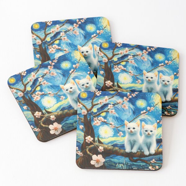 Item preview, Starry Almond Night with Two White Cats – Van Gogh Fusion designed and sold by EmeraldeaArt.
