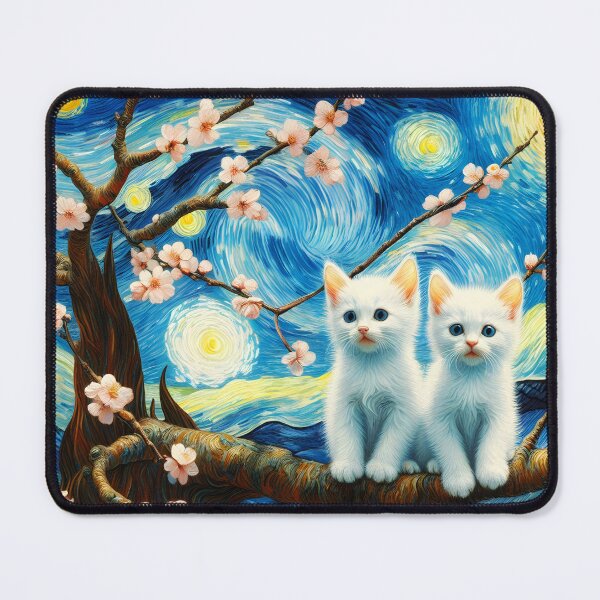 Item preview, Starry Almond Night with Two White Cats – Van Gogh Fusion designed and sold by EmeraldeaArt.