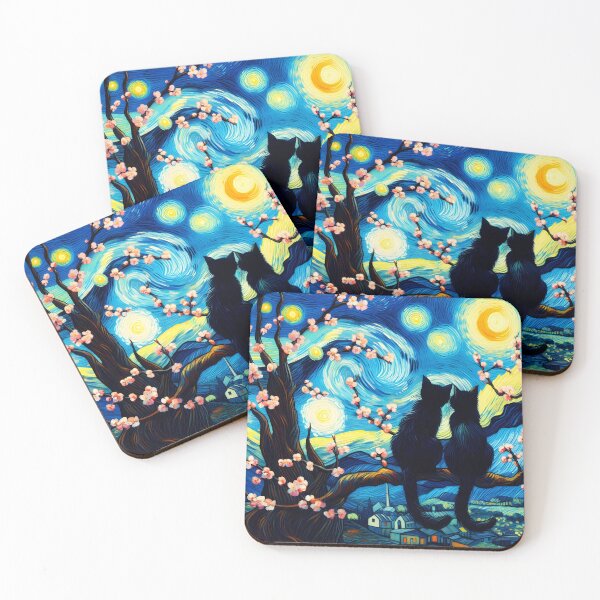 Item preview, Two Black Cats in Love on Almond Branch – Starry Night Remix designed and sold by EmeraldeaArt.