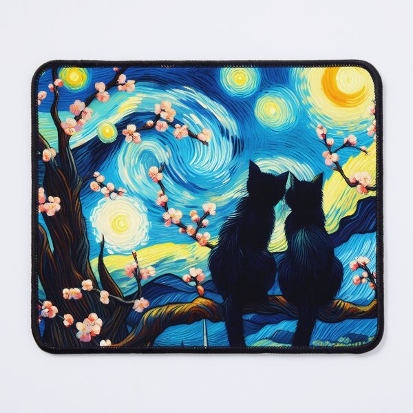 Item preview, Two Black Cats in Love on Almond Branch – Starry Night Remix designed and sold by EmeraldeaArt.