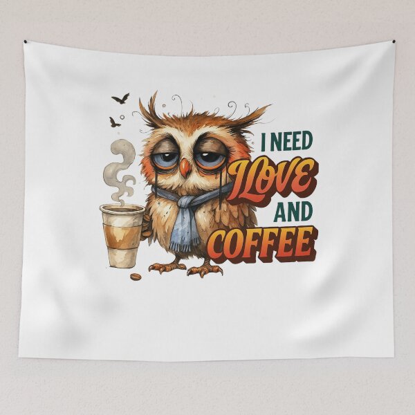 Item preview, Running on Caffeine and False Hope – Tired Owl Coffee Humor Design designed and sold by JenniferCreaArte .