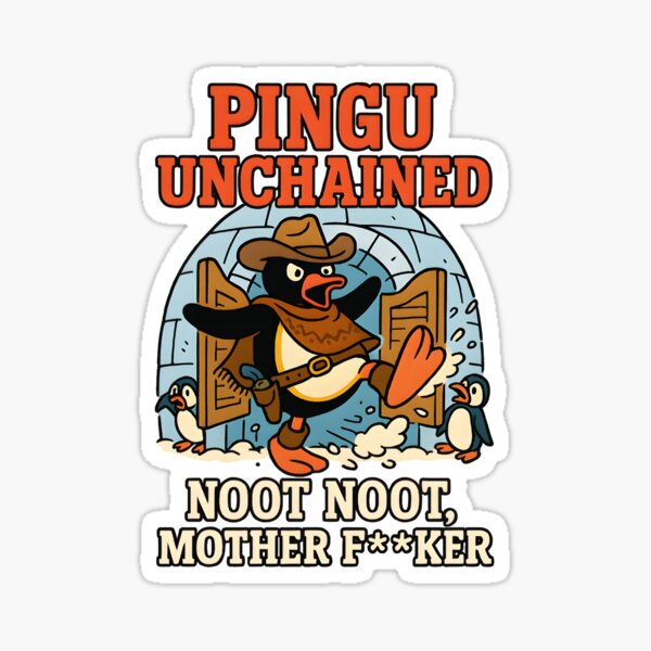 Vista previa del artículo con la obra «Parodia del salvaje oeste de Pingu Unchained», diseñado y vendido por W.T.F.Prints.