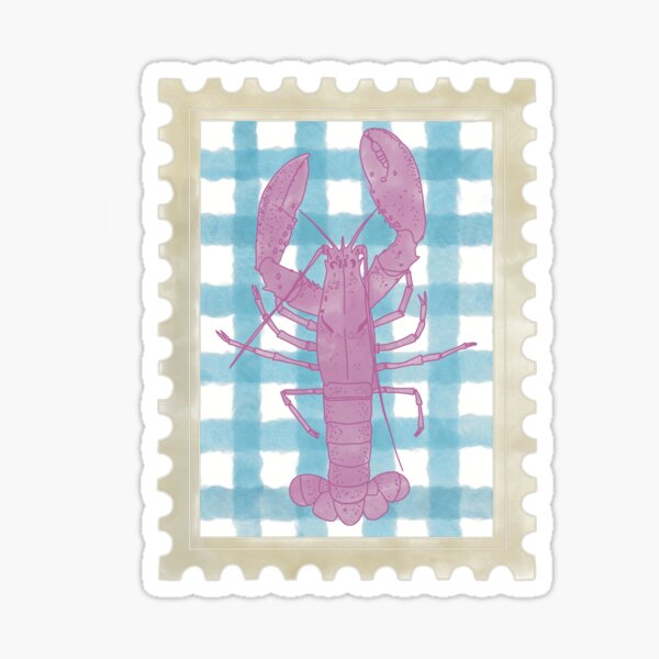 Item preview, Blue gingham pink lobster stamp designed and sold by Bluer Horizons Art.