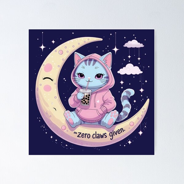 Item preview, Kawaii Pastel Cat "Zero Claws Given" – Cute Boba Kitty on Moon designed and sold by PMestore.