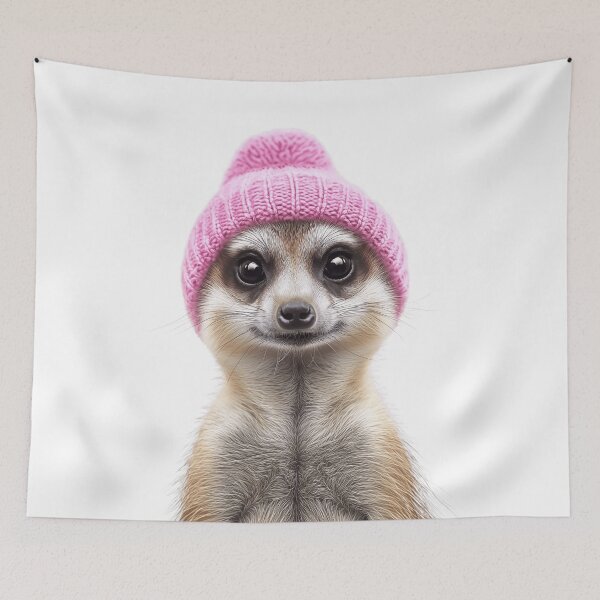 Aperçu de l'œuvre Suricate douillet portant un chapeau d'hiver rose, illustration de mode animale tendance créée et vendue par LazyOwlStore.