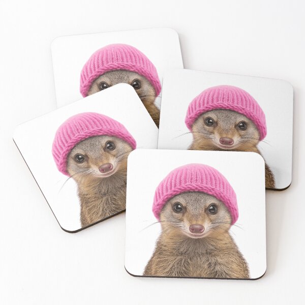 Item preview, Cozy Mongoose Wearing Pink Winter Hat Trendy Animal Fashion Artwork designed and sold by LazyOwlStore.