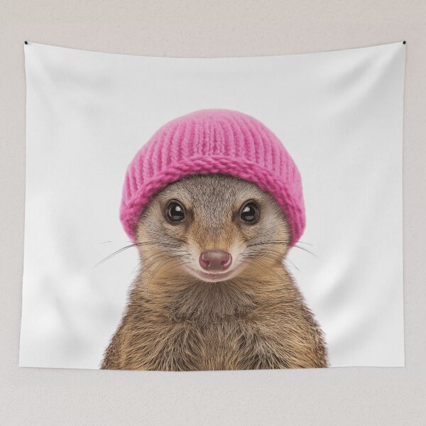 Item preview, Cozy Mongoose Wearing Pink Winter Hat Trendy Animal Fashion Artwork designed and sold by LazyOwlStore.