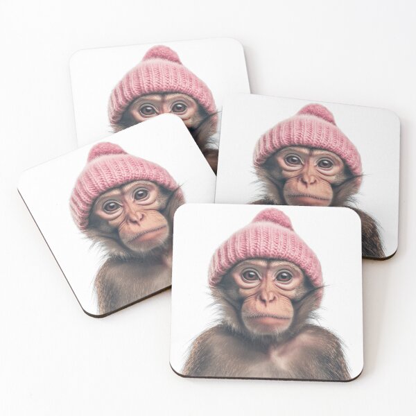 Item preview, Cozy Monkey Wearing Pink Winter Hat Trendy Animal Fashion Artwork designed and sold by LazyOwlStore.