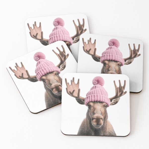 Item preview, Cozy Moose Wearing Pink Winter Hat Trendy Animal Fashion Artwork designed and sold by LazyOwlStore.