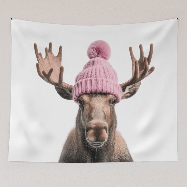 Item preview, Cozy Moose Wearing Pink Winter Hat Trendy Animal Fashion Artwork designed and sold by LazyOwlStore.
