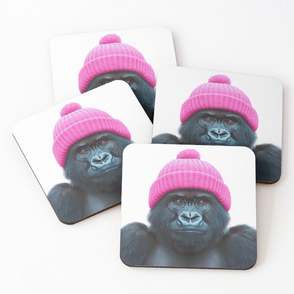 Item preview, Cozy Mountain Gorilla Wearing Pink Winter Hat Trendy Animal Fashion Artwork designed and sold by LazyOwlStore.