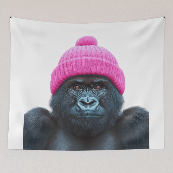 Item preview, Cozy Mountain Gorilla Wearing Pink Winter Hat Trendy Animal Fashion Artwork designed and sold by LazyOwlStore.