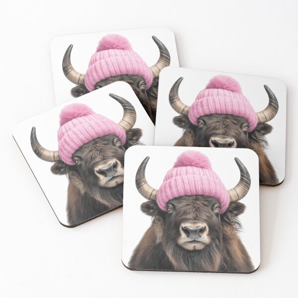 Item preview, Cozy Musk ox Wearing Pink Winter Hat Trendy Animal Fashion Artwork designed and sold by LazyOwlStore.
