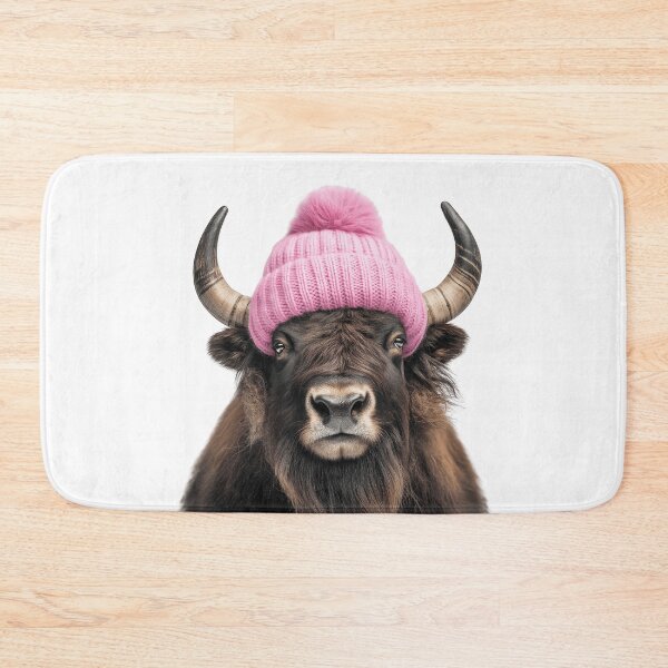 Item preview, Cozy Musk ox Wearing Pink Winter Hat Trendy Animal Fashion Artwork designed and sold by LazyOwlStore.