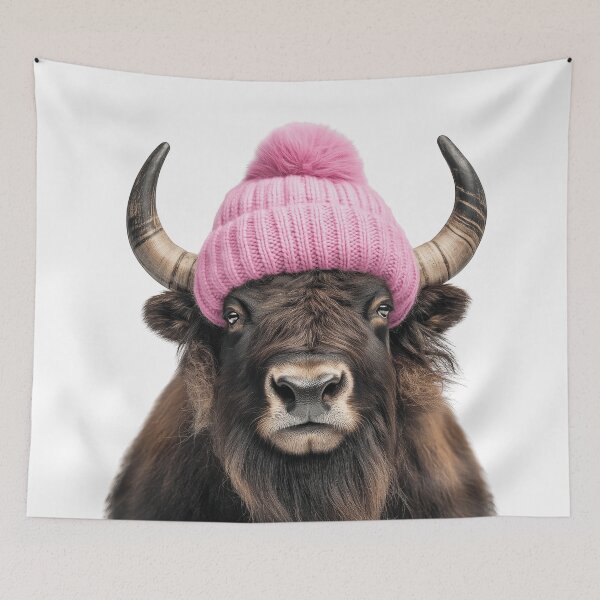 Item preview, Cozy Musk ox Wearing Pink Winter Hat Trendy Animal Fashion Artwork designed and sold by LazyOwlStore.