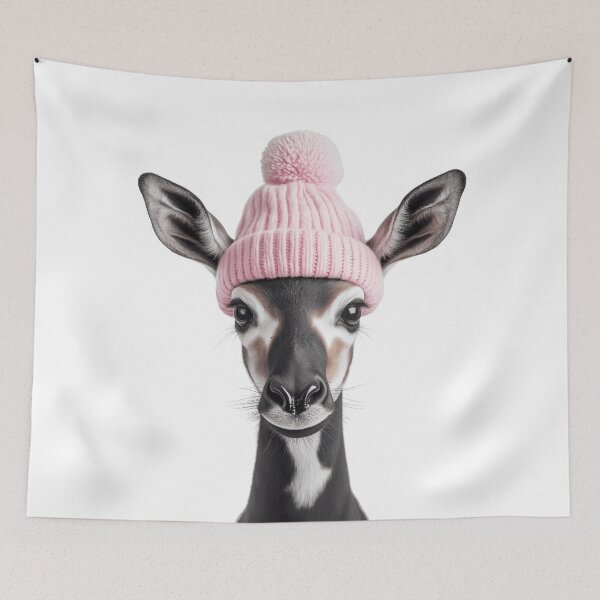 Item preview, Cozy Okapi Wearing Pink Winter Hat Trendy Animal Fashion Artwork designed and sold by LazyOwlStore.
