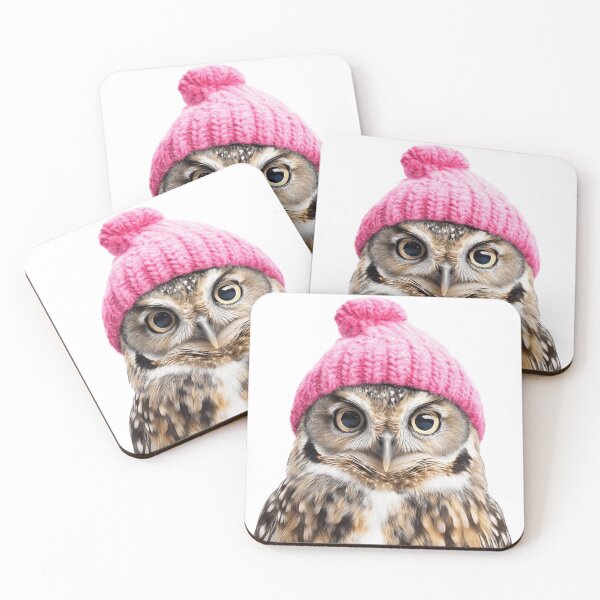 Item preview, Cozy Owl Wearing Pink Winter Hat Trendy Animal Fashion Artwork designed and sold by LazyOwlStore.