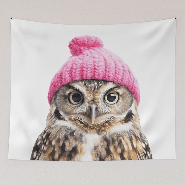 Item preview, Cozy Owl Wearing Pink Winter Hat Trendy Animal Fashion Artwork designed and sold by LazyOwlStore.