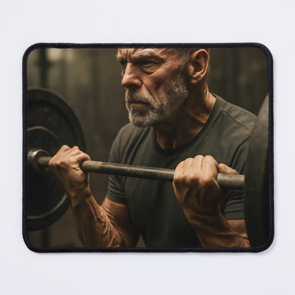 Item preview, Senior Man Lifting Barbell in Dark Gym designed and sold by soulofalion.