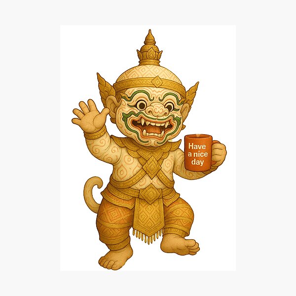 Item preview, Cute Thai Yak Holding Coffee – Funny Mythical Giant with "Have a Nice Day" Mug designed and sold by Bspaces.