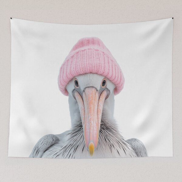 Item preview, Cozy Pelican Wearing Pink Winter Hat Trendy Animal Fashion Artwork designed and sold by LazyOwlStore.
