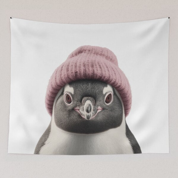 Item preview, Cozy Penguin Wearing Pink Winter Hat Trendy Animal Fashion Artwork designed and sold by LazyOwlStore.