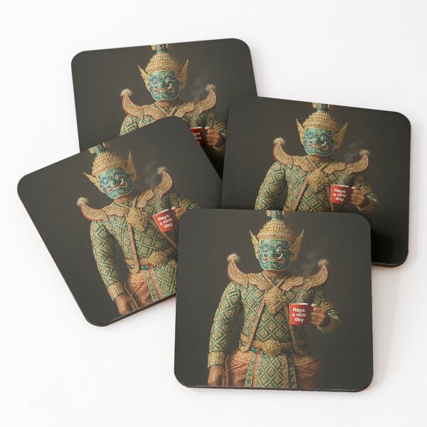 Item preview, Modern Thai Giant with Coffee – Khon Mask Warrior Holding "Have a Nice Day" Mug designed and sold by Bspaces.
